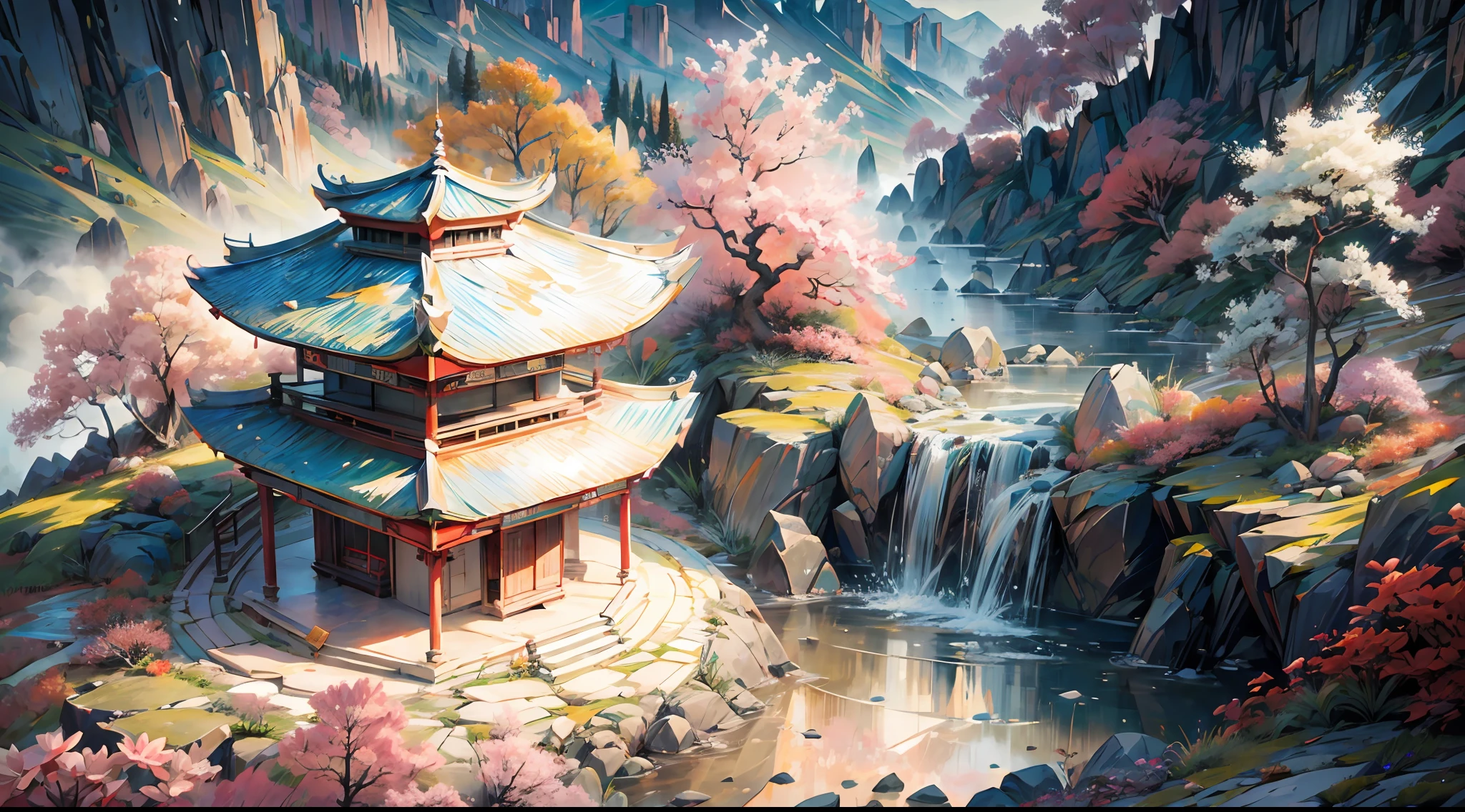 Pintura de tinta de paisagem chinesa, perspectiva de alto ângulo, escultura renderizada OC --S 750 --Niji 5