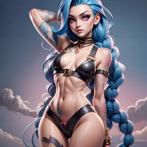 J3dmm, masterpiece, high quality best quality, 1girl, beach, sexy panties, pulling panties down, hair with two long braids, blue hair, jinx, young female, 14 years, 1girl, solo, looking at viewer, detailed pink eyes, navel, character name, looking at viewe...