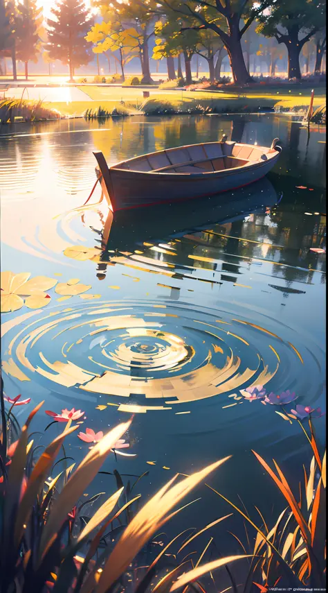 wallpaper, summer pond, pond, boat, afternoon sun, reeds, pond background, depth of field, hot weather, hd detail, wet watermark...