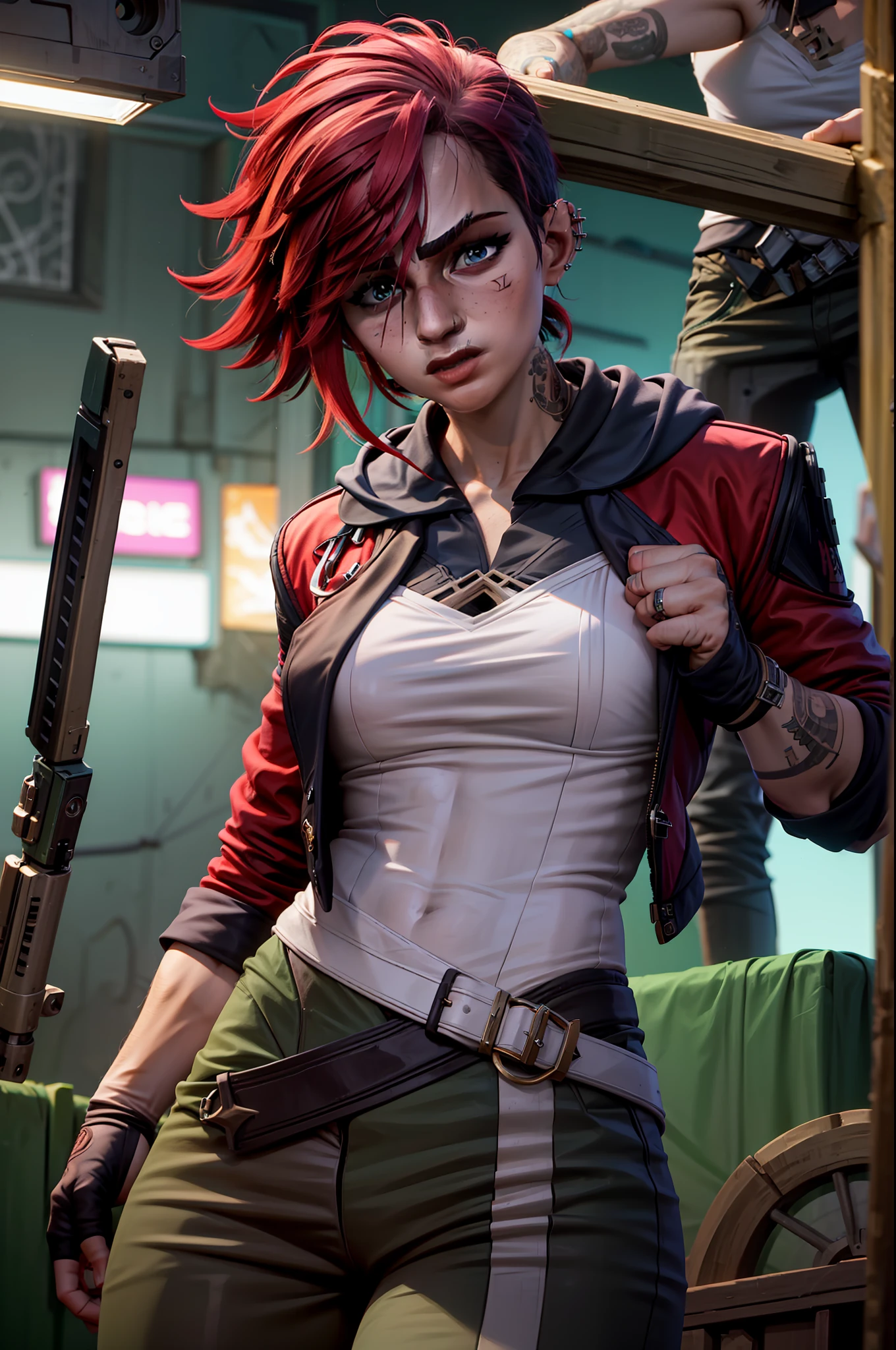 (masterpiece, best quality), intricate details, perfect eyes:1.2, detailed eyes:1.4, reelmech, wires, pistons, cyberpunk, v1l0l, 1girl, red jacket, nose piercing, cowboy shot, hoodie, fighting stance, blue pants,