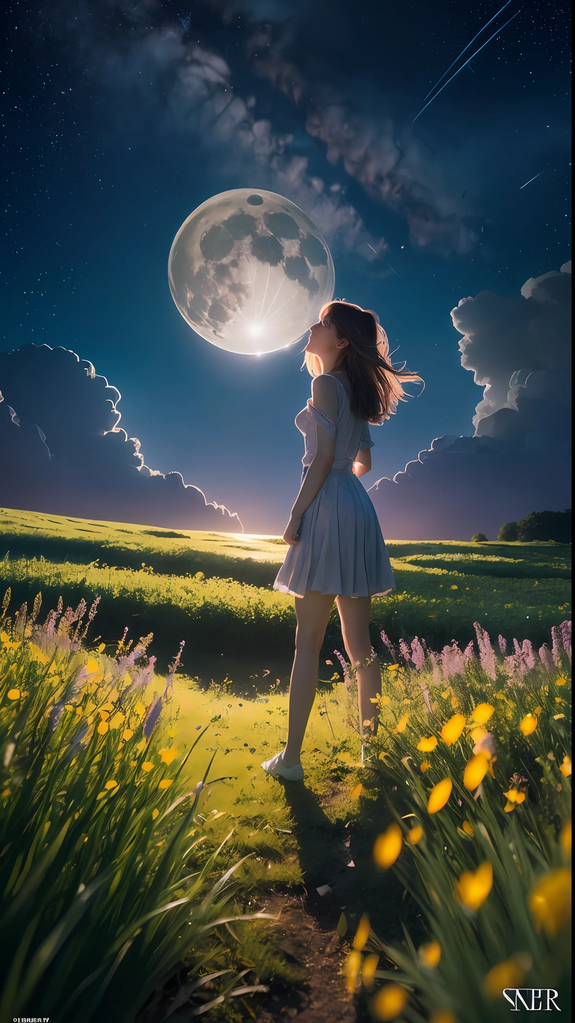 Vast landscape photo, (viewed from below, the sky is above and the open field is below), a girl standing on a flower field looking up, (full moon: 1.2), (meteor: 0.9), (nebula: 1.3), distant mountains , Trees BREAK Crafting Art, (Warm Light: 1.2), (Fireflies: 1.2), Lights, Lots of Purple and Orange, Intricate Details, Volumetric Lighting, Realism BREAK (Masterpiece: 1.2), (Best Quality), 4k, Ultra-Detailed, (Dynamic Composition: 1.4), Very Detailed, Colorful Details, (Rainbow Colors: 1.2), (Glow Lighting, Atmospheric Lighting), Dreamy, Magical, (Solo: 1.2)