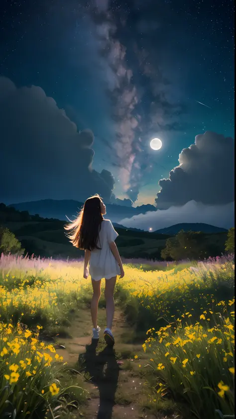 Vast landscape photo, (viewed from below, the sky is above and the open field is below), a girl standing on a flower field looki...