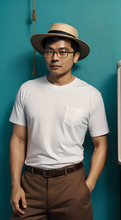 asian man in glasses, white t-shirt and fisherman hat standing next to retro white telephone hanging on blue wall in background,...