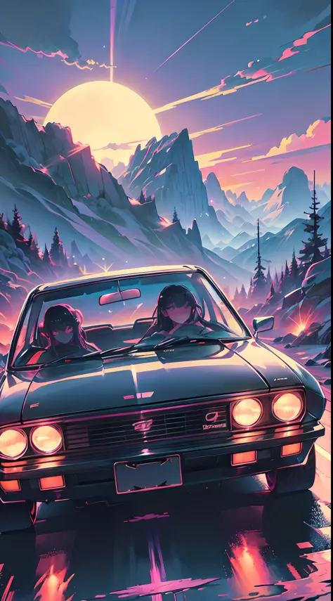 retrowave. city, 1969 Nissan S30, wide body kit, road,  purple neon lights, sun, mountain, 
(masterpiece,detailed,highres),