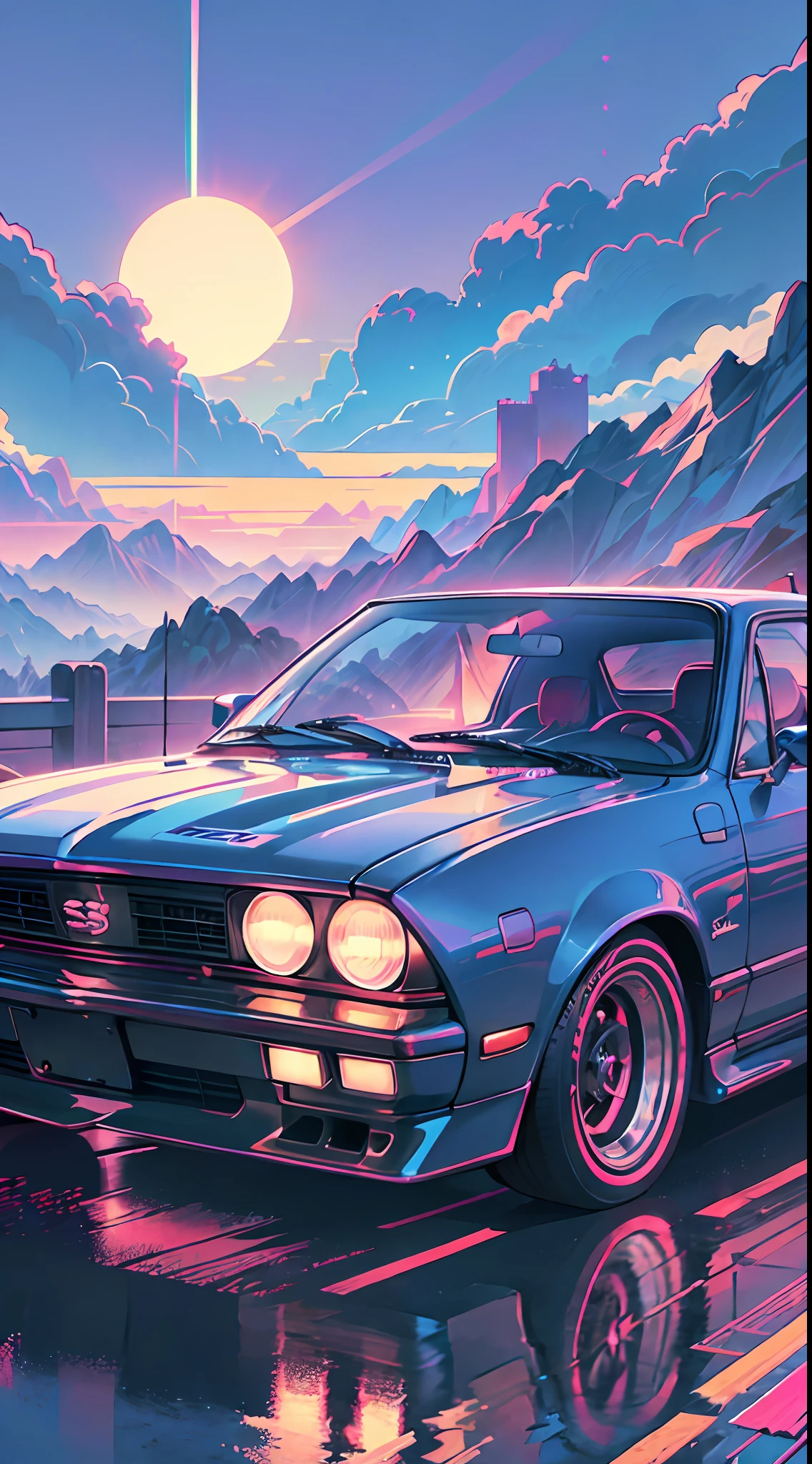 retrowave. city, 1969 Nissan S30, wide body kit, road,  purple neon lights, sun, mountain, 
(masterpiece,detailed,highres),