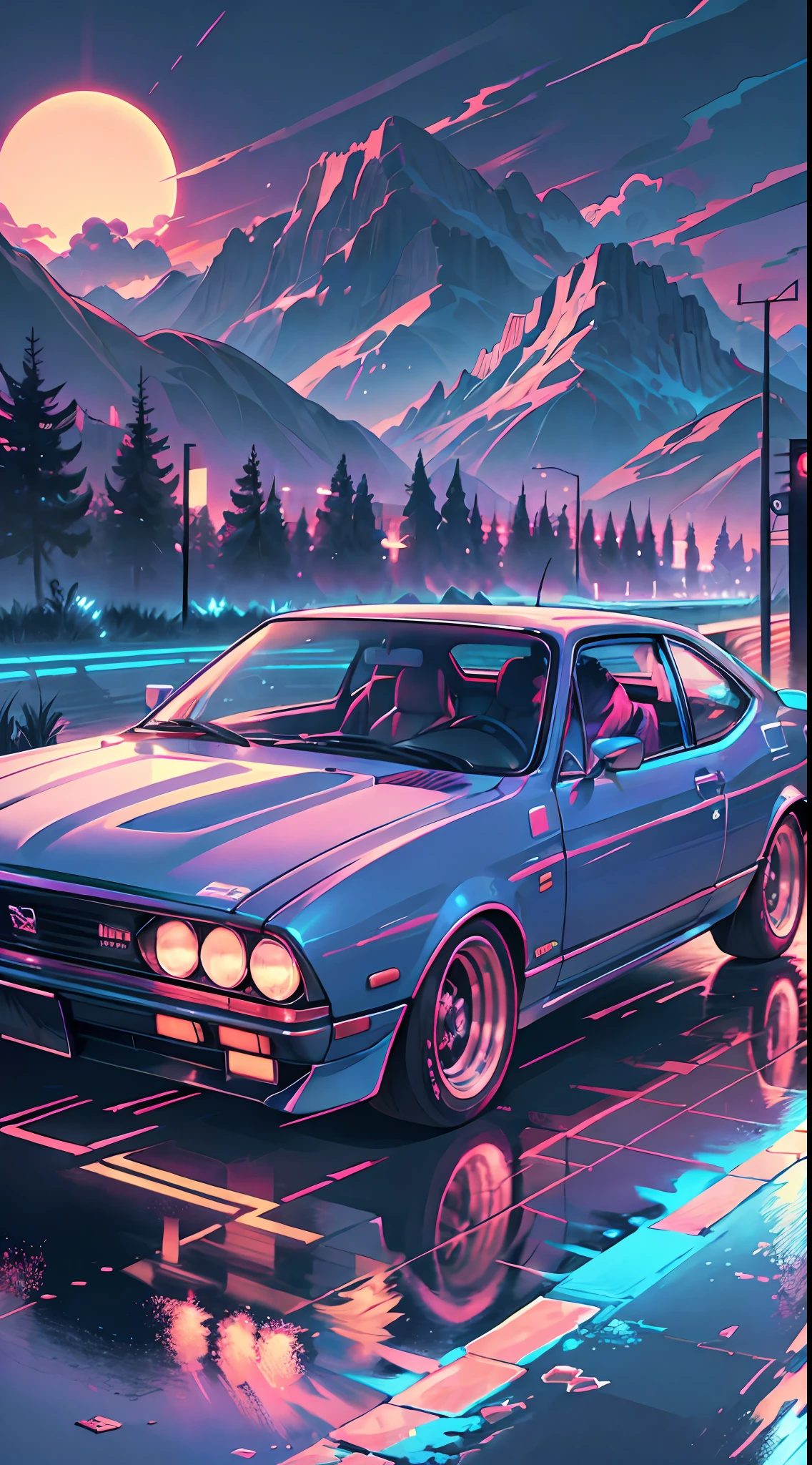 retrowave. city, 1969 Nissan S30, wide body kit, road,  purple neon lights, sun, mountain, 
(masterpiece,detailed,highres),