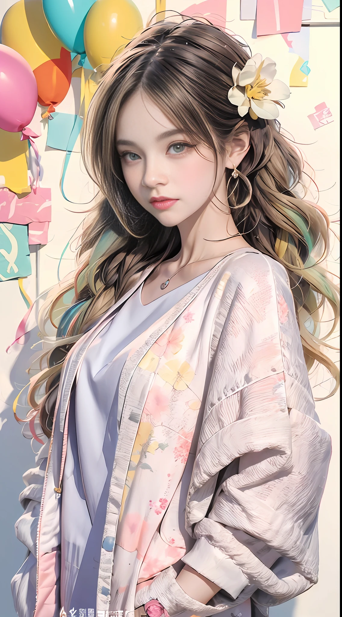  Girl，A pair of peach blossom eyes，prettyandcute，flower ring，Yellow jacket，White sweatshirt，Lots of colored bubbles，Royal sister face，chibiStyle，There are collarbones，White extra long hair，perfectdetaileyes，Perfect for hand fingers，Delicate face，perfectcg，4k quality，Colorful balloons，skyward，Colorful oil pastels