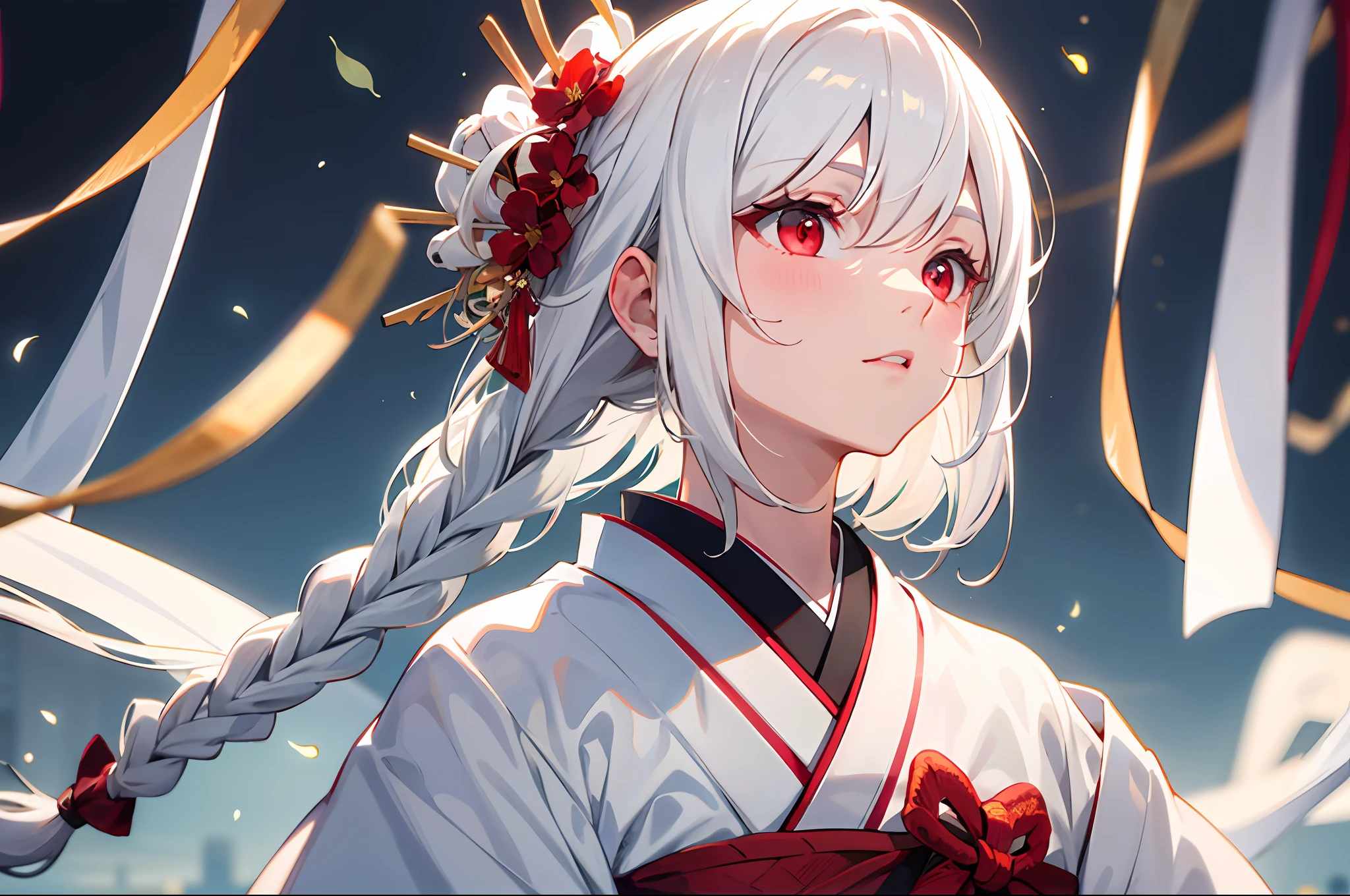 best quality, masterpiece,white hair, red eyes,white clothes, looking up, upper body,hair strand,Fair skin,side braids,kimono