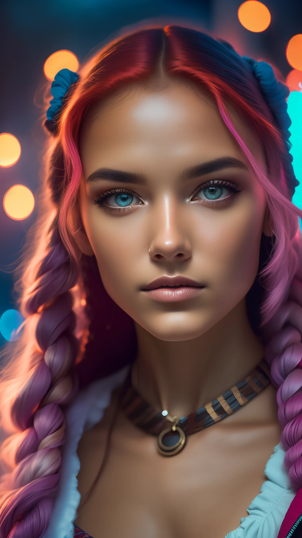 (foto 8k RAW)Rosto de menina de 15 anos  ,with braids and fringe,ruiva com sardas e manchas na pele, olhos castanhos escuro,OLHANDO PARA CAMERA, top down angle,boca pequena carnuda,pela suada, fundo de cidade a noite neon com detalhes, cinematic photo WITH DETAILS