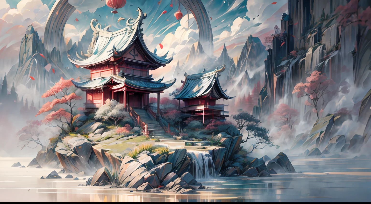 Pintura de tinta de paisaje chino Perspectiva de ángulo alto Escultura renderizada OC --S 750 --Niji 5