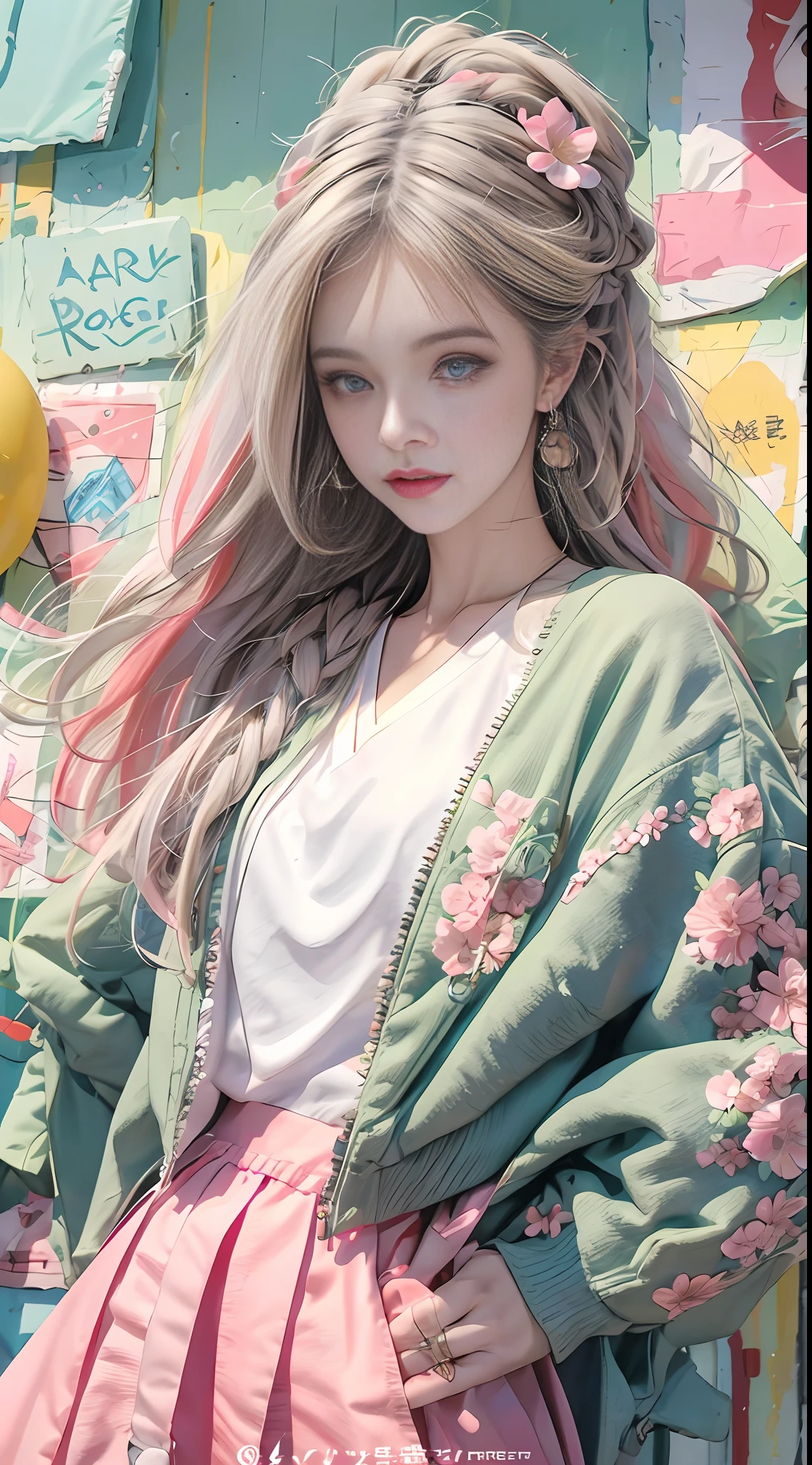  Girl，A pair of peach blossom eyes，prettyandcute，flower ring，Yellow jacket，White sweatshirt，Lots of colored bubbles，Royal sister face，chibiStyle，There are collarbones，White extra long hair，perfectdetaileyes，Perfect for hand fingers，Delicate face，perfectcg，4k quality，Colorful balloons，skyward，Colorful oil pastels