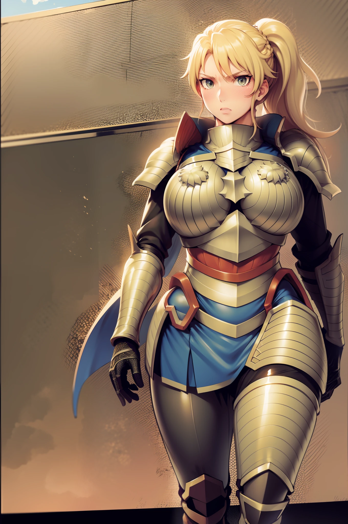 full armor, knight, vest, walking, full body,blond hair, pony tail,, huge breast, tall, blush