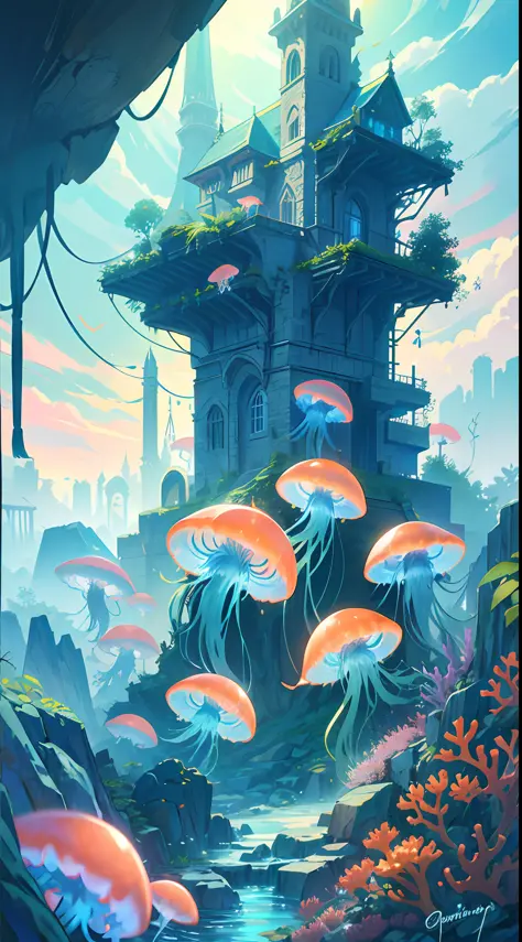 masterpiece, high quality, ocean forest, city, fantastic fantasy, glowing plants, coral viaduct, (swarm of glowing jellyfish), (...