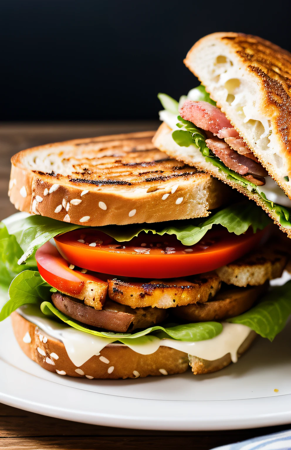 foto de um delicioso sanduíche BLT com bacon extra, (fundo de jantar rústico)+, pão de sementes, queijo de pimenta, (detalhes intrincados:1.12), HDR, (detalhes intrincados, hiperdetalhado:1.15)