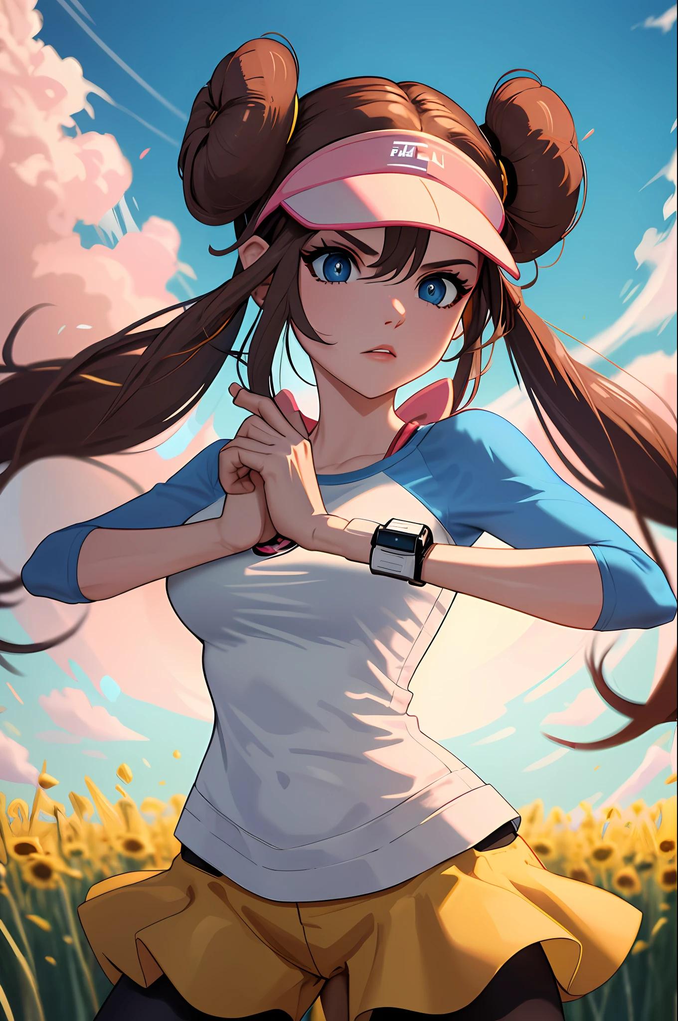 perfect eyes:1.2, detailed eyes:1.4, best quality, highres, ro1, fist in hand, bun, blue eyes, twintails, visor cap, pantyhose, raglan sleeves, yellow shorts, shirt, pink bow, wristwatch, medium breasts, standing, cowboy shot, field, serious