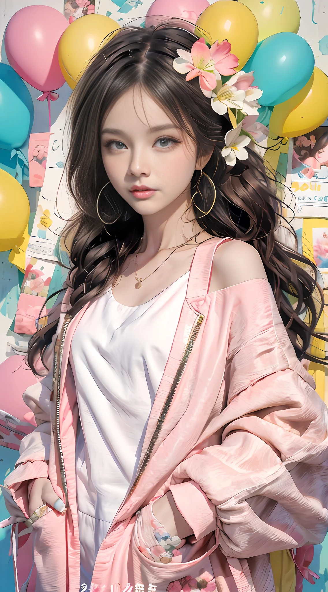 Loli Girl，A pair of peach blossom eyes，prettyandcute，flower ring，Yellow jacket，White sweatshirt，Lots of colored bubbles，Royal sister face，chibiStyle，There are collarbones，White extra long hair，perfectdetaileyes，Perfect for hand fingers，Delicate face，perfectcg，4k画质，Colorful balloons，skyward，Colorful oil pastels