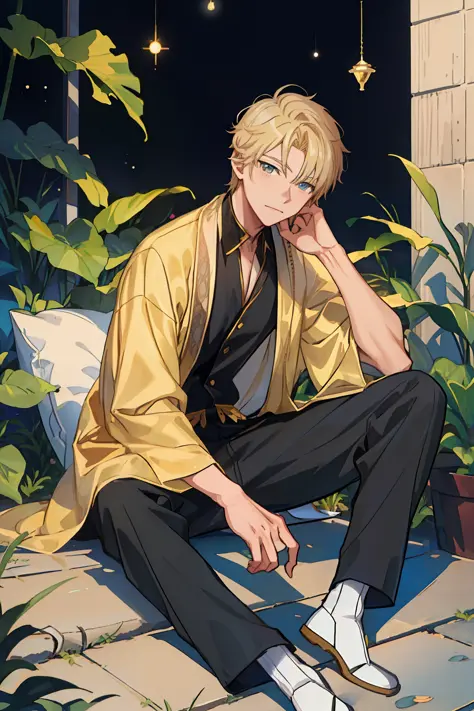 anime - style illustration of a man sitting on a porch with a plant in the background, handsome anime pose, handsome guy in demo...