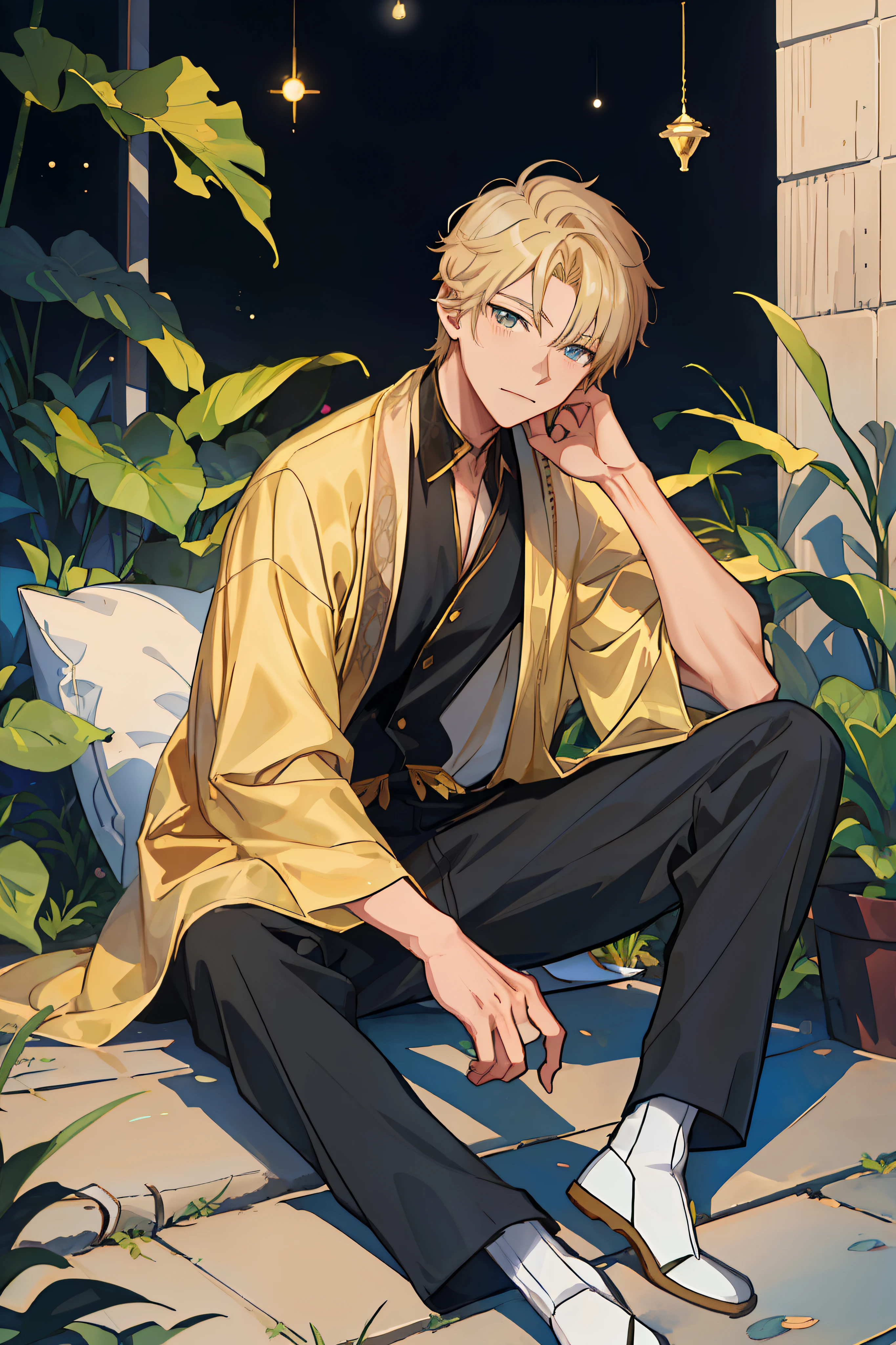 anime - illustration de style d&#39;un homme assis sur un porche avec une plante en arrière-plan, belle pose d&#39;anime, beau mec dans l&#39;art du tueur de démons, ((porter une robe d&#39;aristocrate)), beau prince androgyne, délicat prince androgyne, grand gars d&#39;anime aux yeux bleus, fanart de haute qualité, Inspiré par Bian Shoumin, garçon blond aux yeux jaunes, anime bel homme