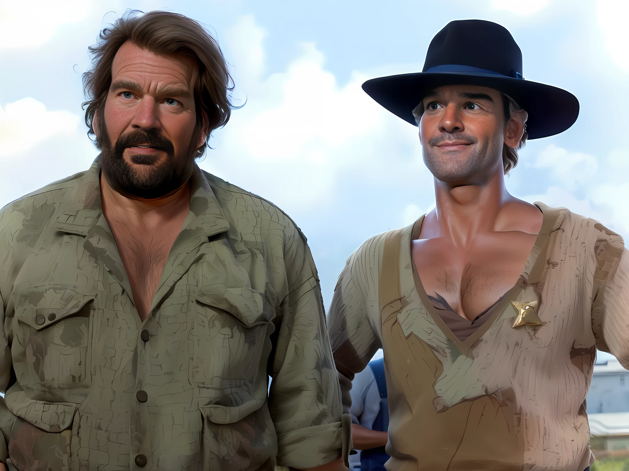 two men in hats and vests standing next to each other, bud spencer, [ western film ], actor, dusty and smokey, western film, 1 9 7 0 s film, actors, 1971, 1973, 1972, 1 9 7 3, 1 9 7 2, style jean giraud, scene from a 1 9 7 3 film