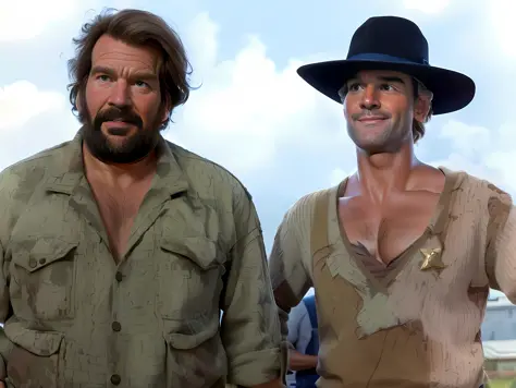 two men in hats and vests standing next to each other, bud spencer, [ western film ], actor, dusty and smokey, western film, 1 9...