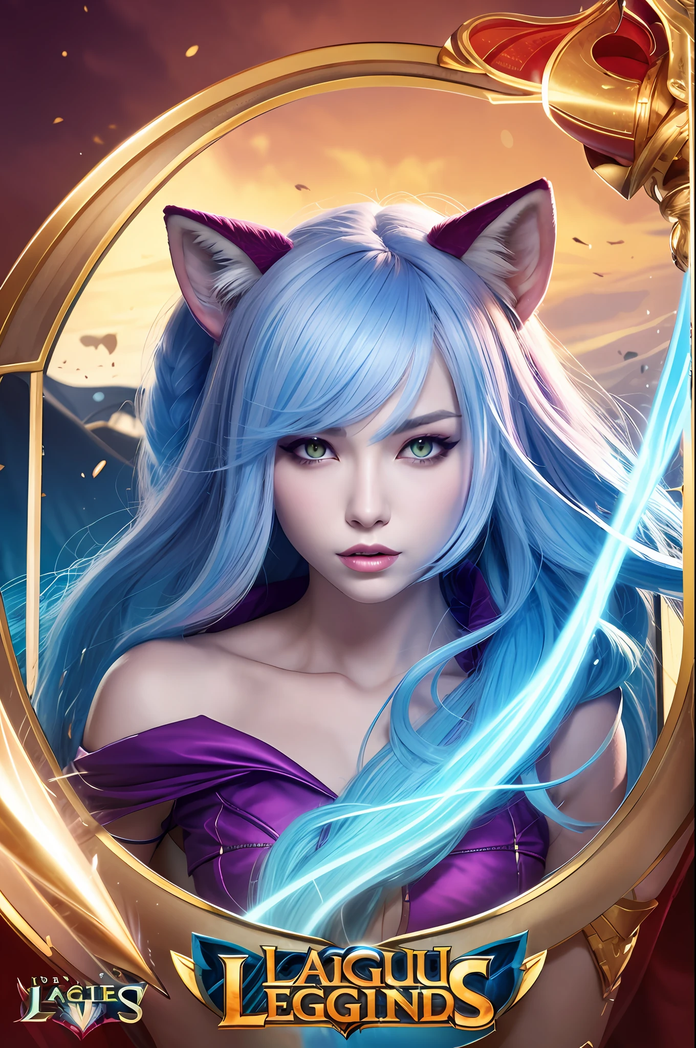 a close up of a woman fox tail, fox with a white and blue hair and a white fox, ahri, seraphine ahri kda, league of legends splash art, style league of legends, portrait of ahri, league of legends splashart, splash art, league of legends art, league of legends character art, league of legends character, official splash art, from league of legends