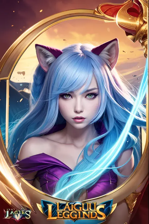 a close up of a woman fox tail, fox with a white and blue hair and a white fox, ahri, seraphine ahri kda, league of legends spla...