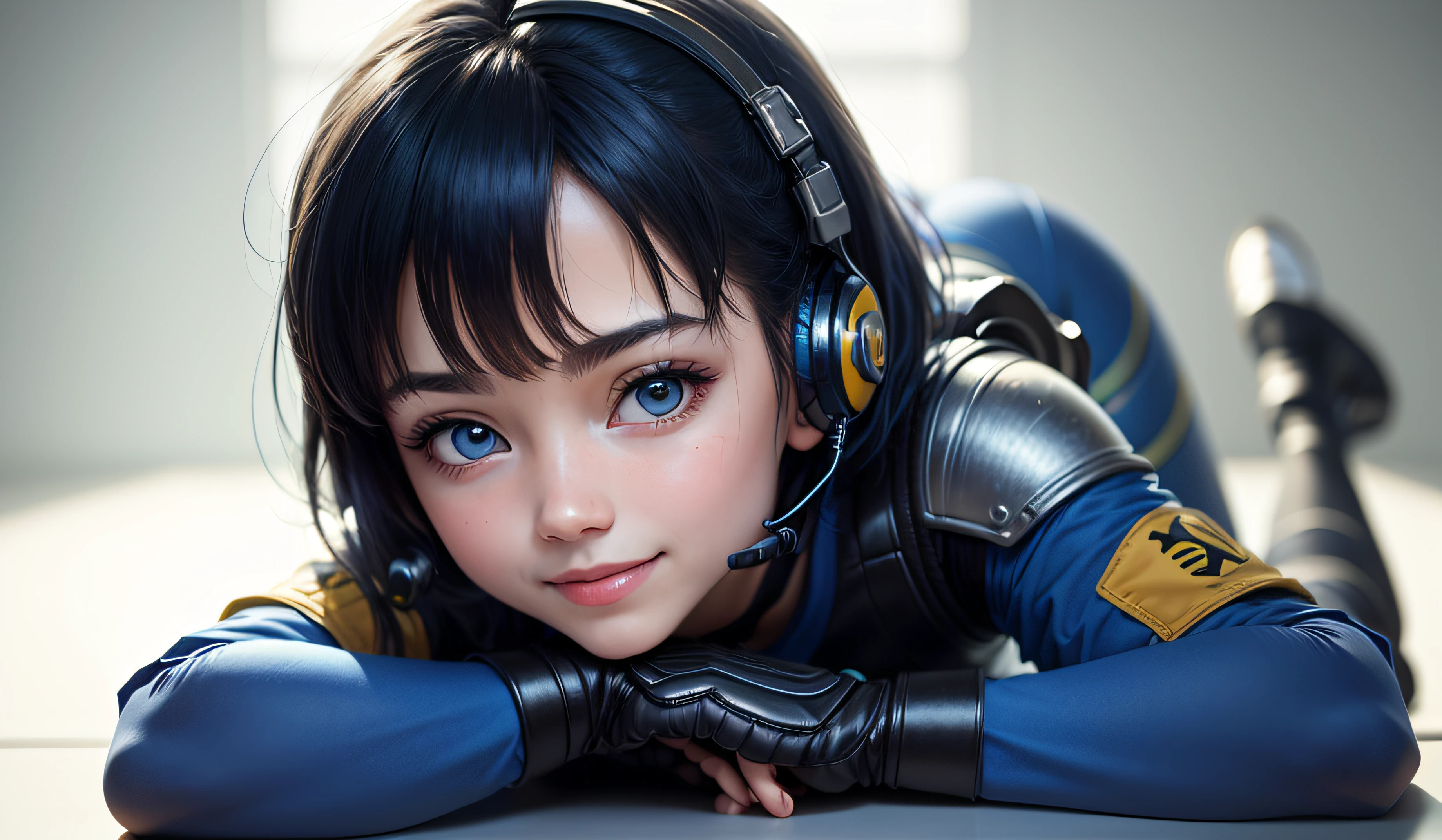 (masterpiece, highest quality, highest resolution, distinct_image, detailed details): (Solo, lone girl, face is Japan person, short cut, blue-haired girl, full body figure, (perfect body: 1.4), sparkly blue color eyes, pilot suit in white and blue color, tight fit clothes, clothes covering the whole body, very delicate and beautiful, detailed skin, slim body, exoskeleton, Gentle smile, heroine, headset, boots)