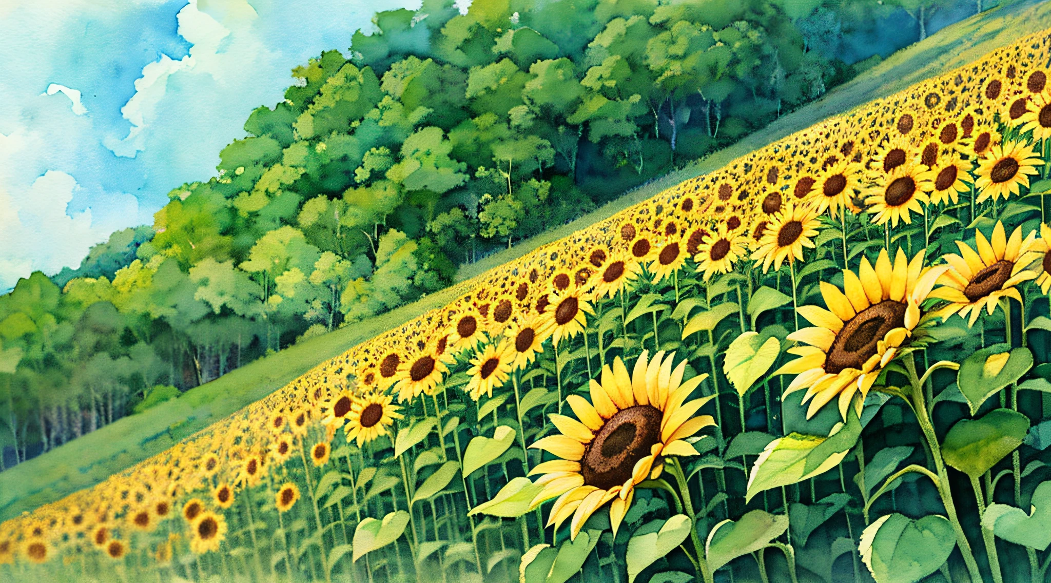 jp、Champ de tournesol、(jour:1.2)、((éclairage naturel))、concentration claire、(Tir lointain:1.1)、(aquarelle)、(été:1.2)、Studio Ghibli