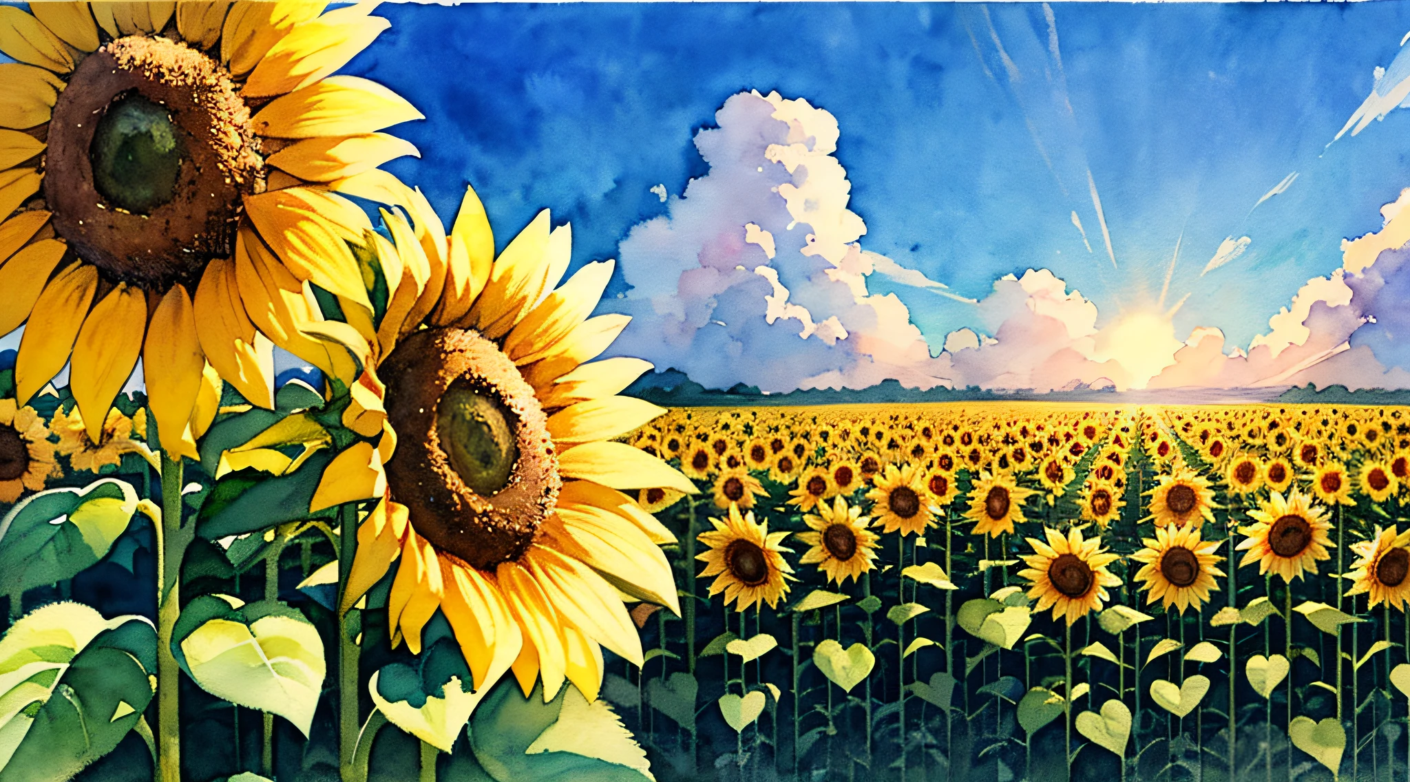 J.P.、campo de girasoles、(tiempo de día:1.2)、((iluminación natural))、Enfoque claro、(tiro largo:1.1)、(acuarela)、(Verano:1.2)、Estudio Ghibli