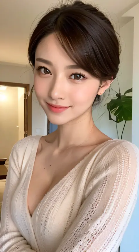((Best picture quality, 8K, a masterpiece of:1.3)), 1girl huge large breasts, Beautiful woman with slender abs:1.3, (Casual hairstyle, :1.2), Sexy dress，Ultra-fine face, detailed eye, 双眼皮，ssmile,Take pictures in cute poses，The figure is very bad，tiny small...