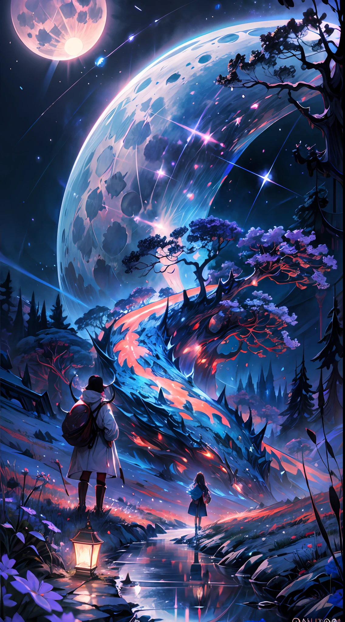 expansive landscape photography, (a bottom view showing the sky above and open country below), a girl standing in a field of flowers looking up, (full moon: 1.2), (shooting stars: 0.9), (nebula : 1.3), distant mountain, BREAK tree production art, (warm light source: 1.2), (Firefly: 1.2), lamp, lots of purple and orange, intricate details, volumetric lighting, BREAK realism (masterpiece: 1.2) , (best quality), 4k, ultra-detailed, (dynamic compositing: 1.4), highly detailed, colorful details, (iridescent colors: 1.2), (bright lighting, atmospheric lighting), dreamy, magical, (solo: 1.2)