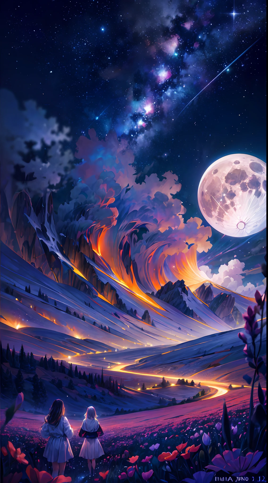fotografia de paisagem expansiva, (uma vista inferior mostrando o céu acima e o campo aberto abaixo), uma garota parada em um campo de flores olhando para cima, (lua cheia: 1.2), (estrelas cadentes: 0.9), (nebula : 1.3), montanha distante, BREAK arte de produção de árvores, (Fonte de luz quente: 1.2), (vaga-lume: 1.2), lâmpada, Muito roxo e laranja, Detalhes intrincados, iluminação volumétrica, QUEBRA Realismo (Obra de arte: 1.2) , (melhor qualidade), 4K, ultra-detalhado, (composição dinâmica: 1.4), altamente detalhado, detalhes coloridos, (Cores iridescentes: 1.2), (Iluminação brilhante, iluminação atmosférica), Sonhadores, mágico, (Sozinho: 1.2)