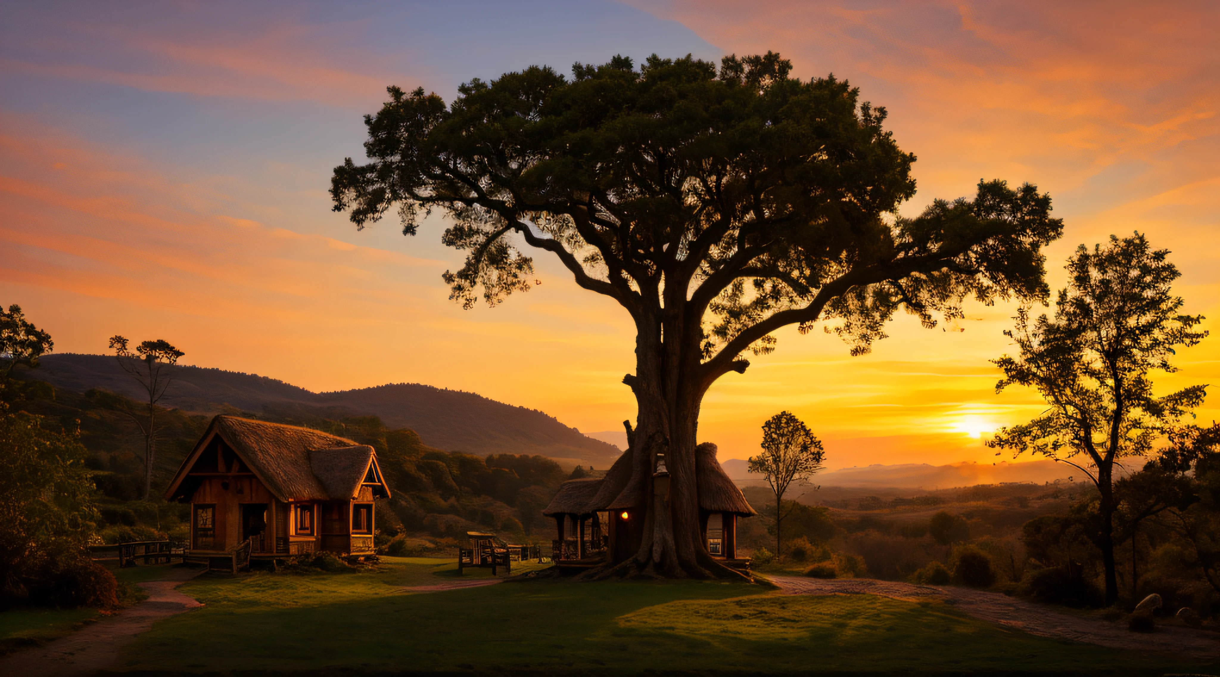 valley, fairytale treehouse village covered, , matte painting, highly detailed, dynamic lighting, cinematic, realism, realistic, photo real, sunset, detailed, high contrast, denoised, centered, michael whelan