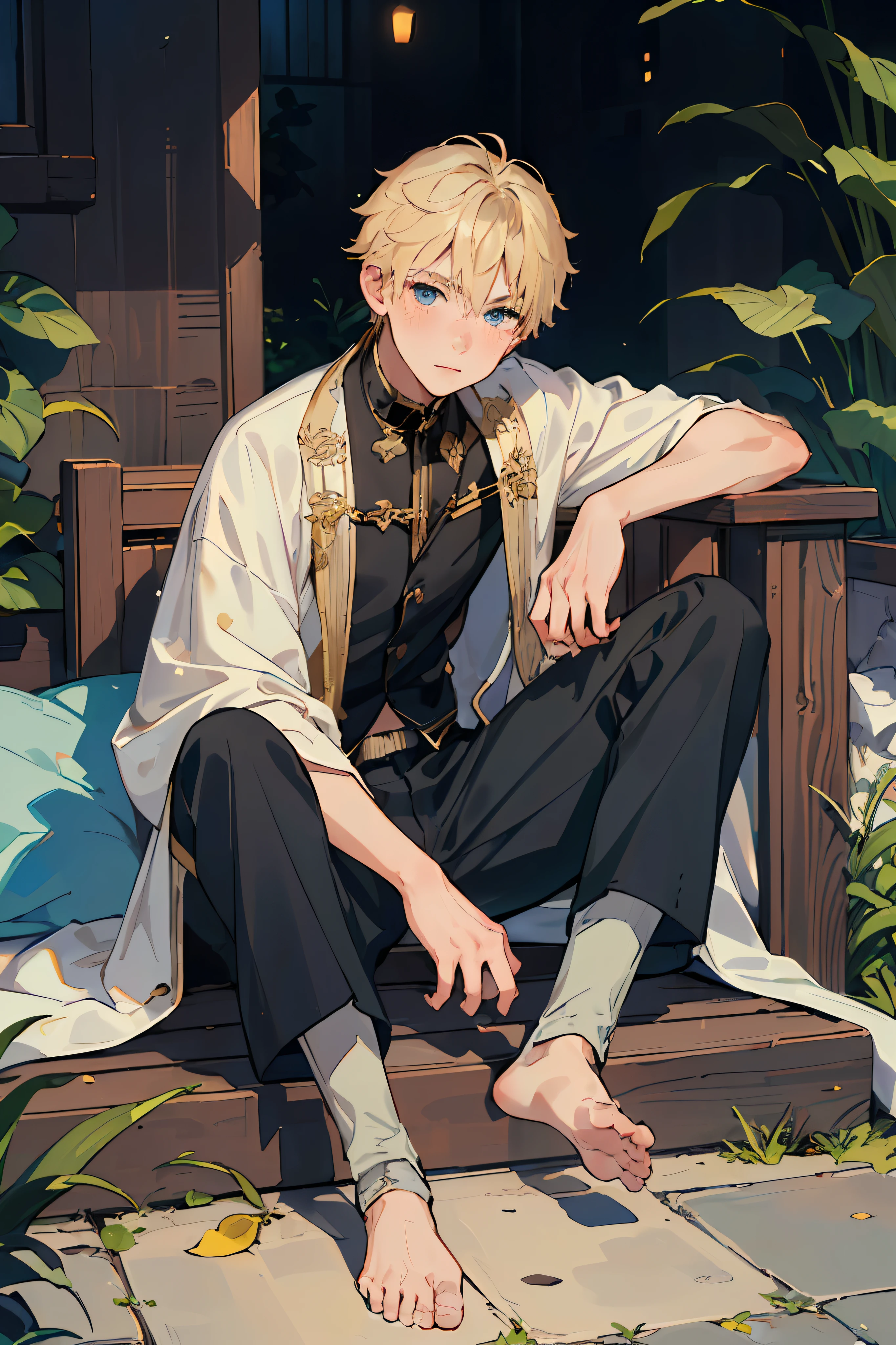 Anime boy sitting on a bench with his feet crossed - SeaArt AI