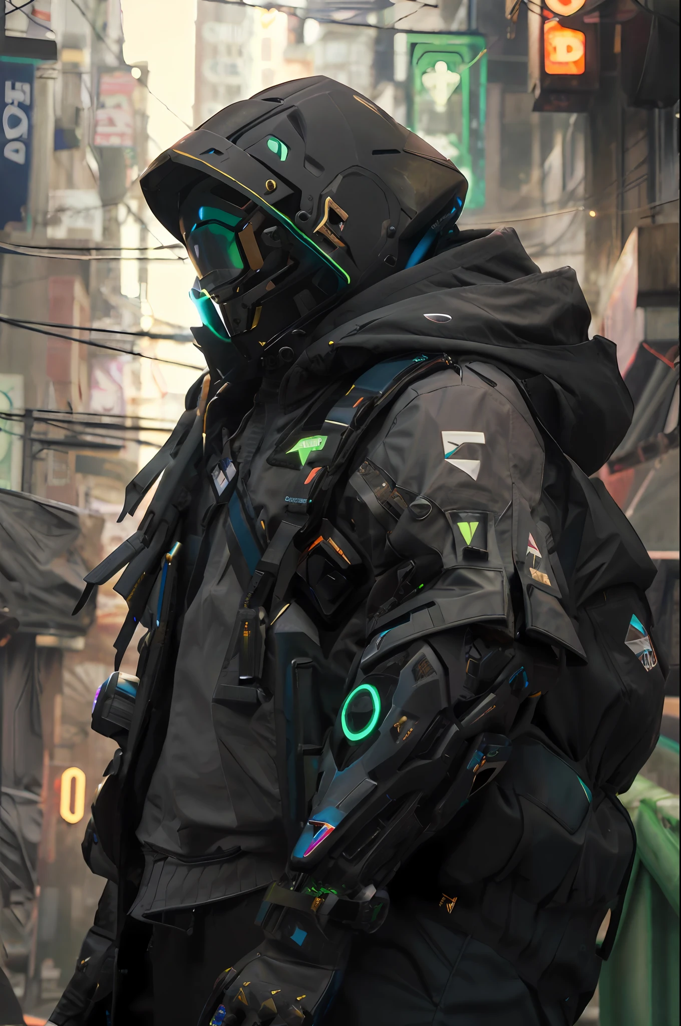 The markings on the jacket turn into neon blue triangles., adds a realistic daftpunk style cyber helmet but more rude and intimidating