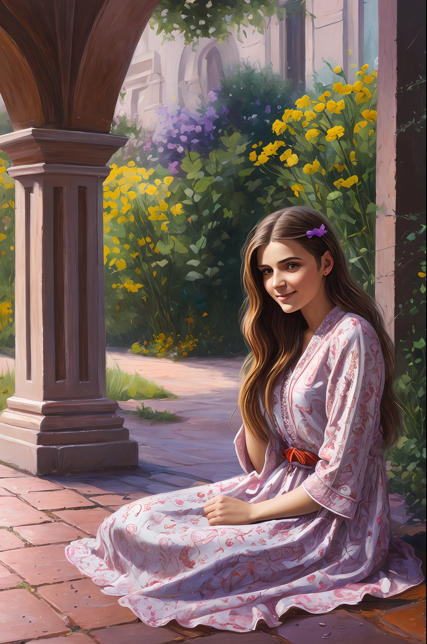 Gorgeous young Daria Taranka, with emotional eyes and wet hair, in a wet light summer dress, a Khokhloma style dress, smiling happily in pink sneakers, Sat down, On the Porch Attack, Paving stones in the park, intricate details, (Proper anatomy of the body), 16k, Dynamic photo, (the atmosphere of the photo in Yuri Arkurs style),, Stunning, Highly detailed, 8K, ornate, Intricate, Cinematic, Raw, atmospheric, (oil painting:0.75), (headband:0.75),(teal:0.2),(orange:0.2), (by Jeremy Mann:0.5), (by John Constable:0.1),(by El Greco:0.5),(acrylic paint:0.75), 8K