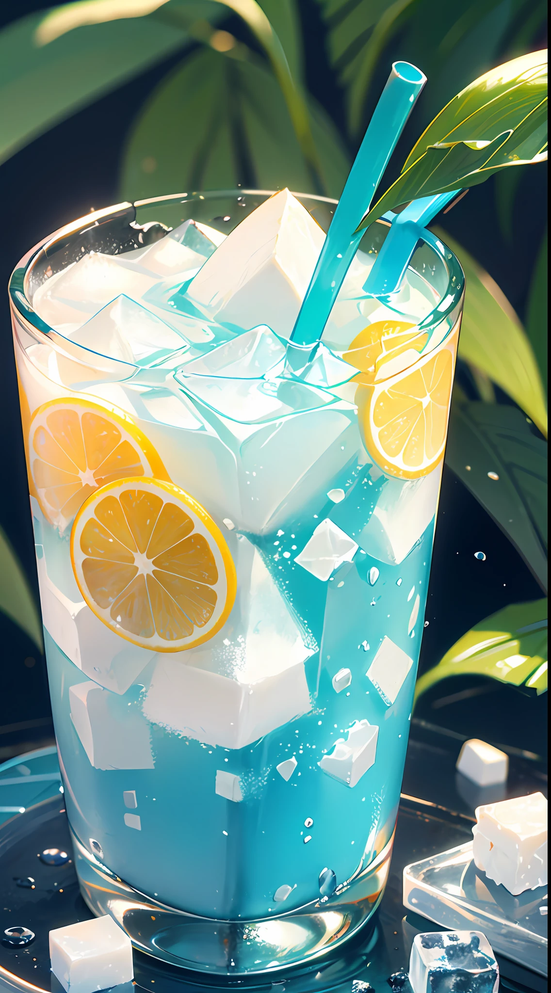 (Chinese beauty) A soft drink made of coconut juice, ice cubes, and coconut juice. Milky white turns white. Very cool. There are colored straws and ice cubes, placed on green leaves, outdoors, a clear blue sky, beautiful clouds