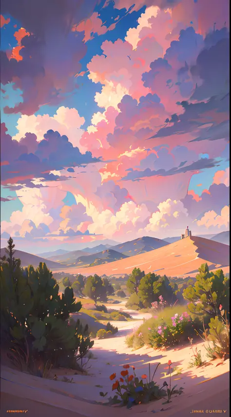 summer, desert, pink clouds, a land overgrown with roses stands beautiful girl, james gurney, art station rendered, ultra-wide l...