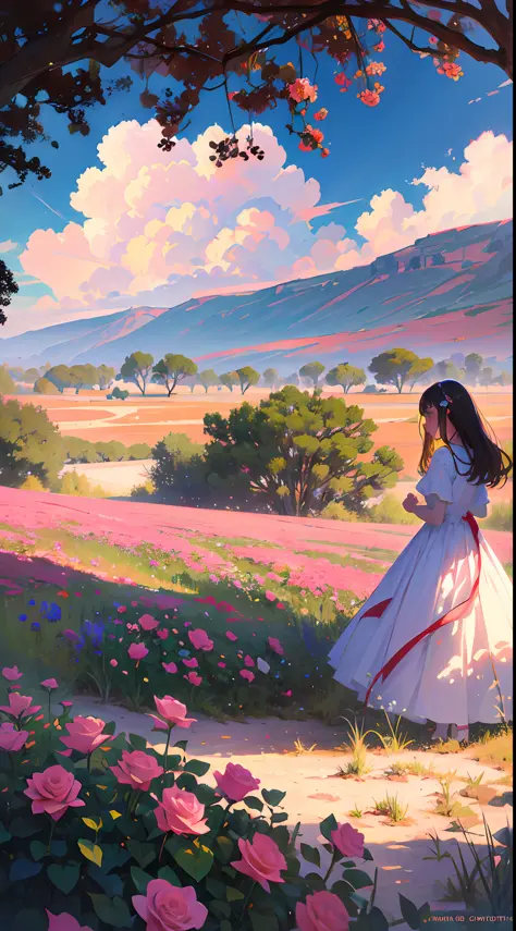 summer, desert, pink clouds, a land overgrown with roses stands beautiful girl, james gurney, art station rendered, ultra-wide l...