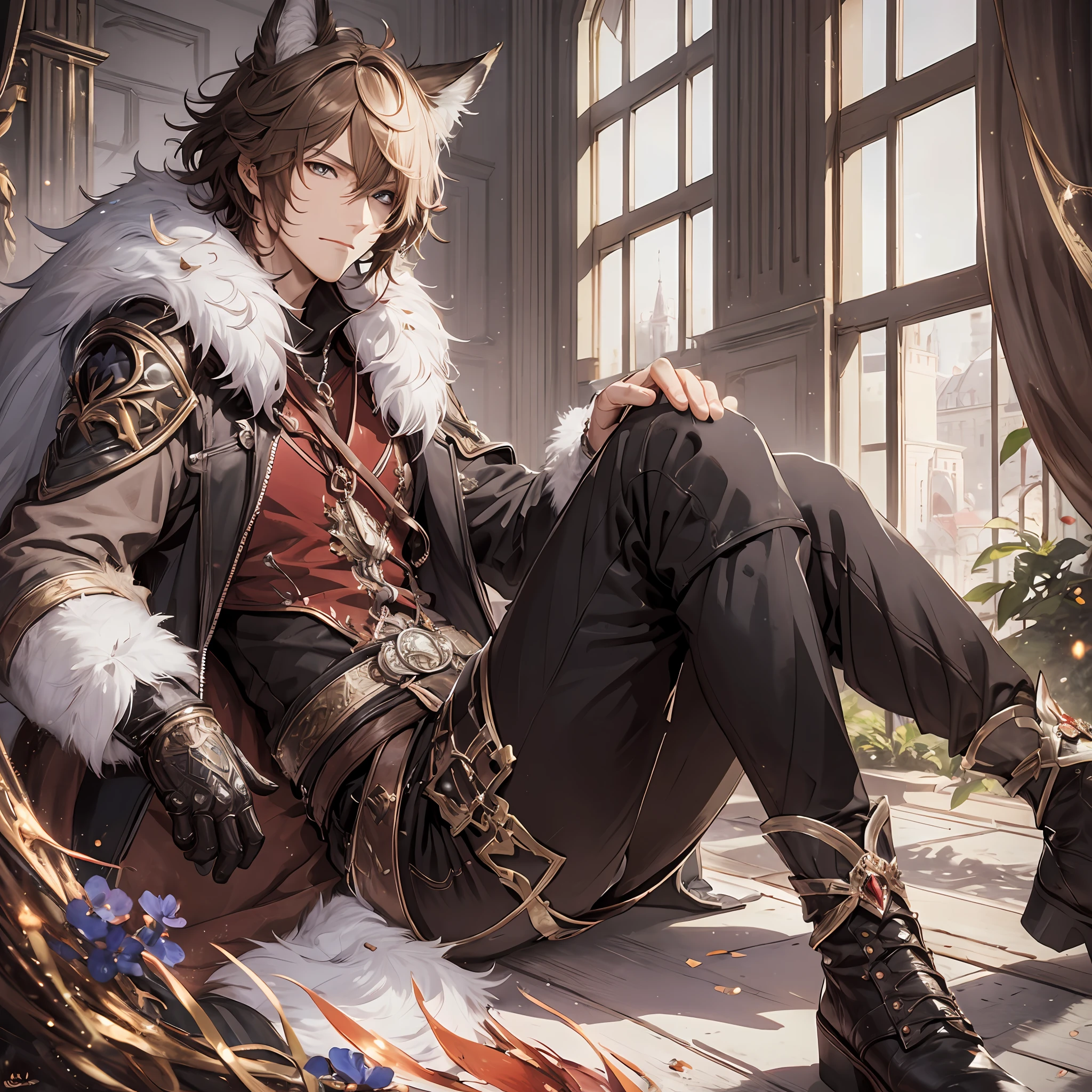 masterpiece, best quality, 1man, adult, malefocus, solo, brown hair, looking at viewer, closed mouth, Fantasy aesthetics, Highly detailed, shadowverse style, full body, black attire, fox ear, fox tail