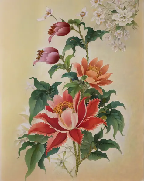 pintura de una flor rosa con hojas verdes sobre un fondo blanco, flores de kalighat, inspirado por maria sibylla merian, botanic...