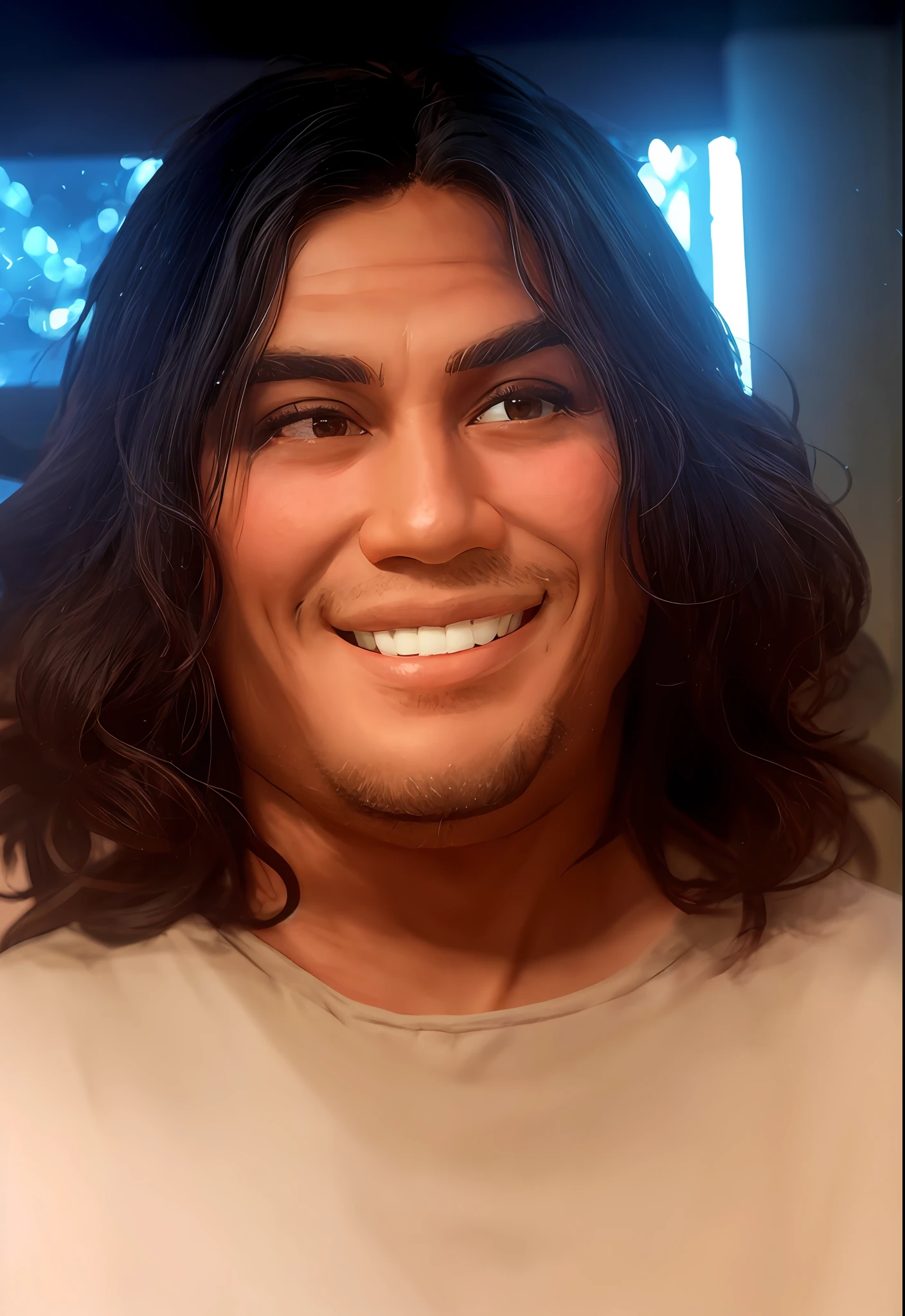 hay un hombre con cabello largo y una sonrisa en su rostro, Hombre de piel morena con una sonrisa gigante., cara real y detallada, cara realista detallada, cara real y detalladaista, cara renderizada de manera realista, cara detallada y realista, cara muy realista, cara muy detallada de 8k, tony sandoval. 8 k realista, Cara extremadamente realista, cara realista muy detallada, cara muy detallada