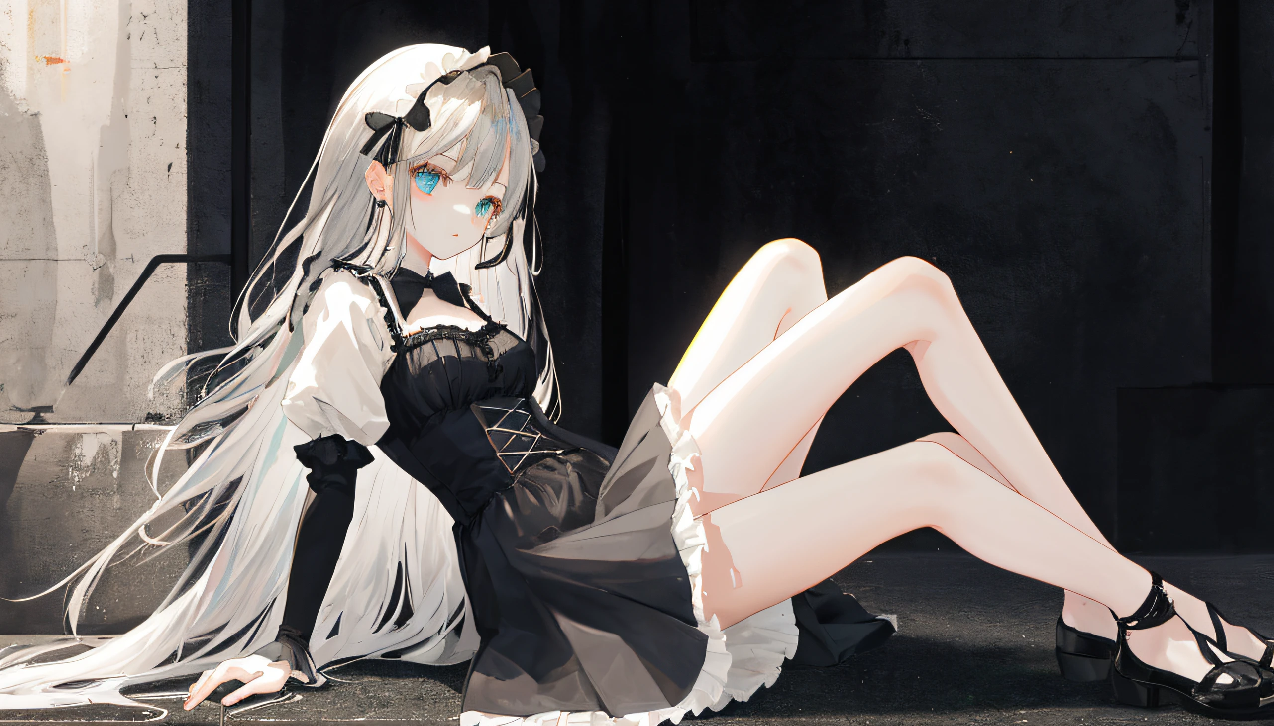 The girl is gray haired，Super long，Wearing Lolita，The legs are very thin，sitting on the ground，Face towards us，The picture should show the whole girl's body shape