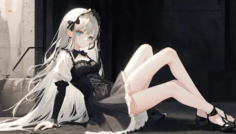 the girl is gray haired，super long，wearing lolita，the legs are very thin，sitting on the ground，face towards us，the picture shoul...