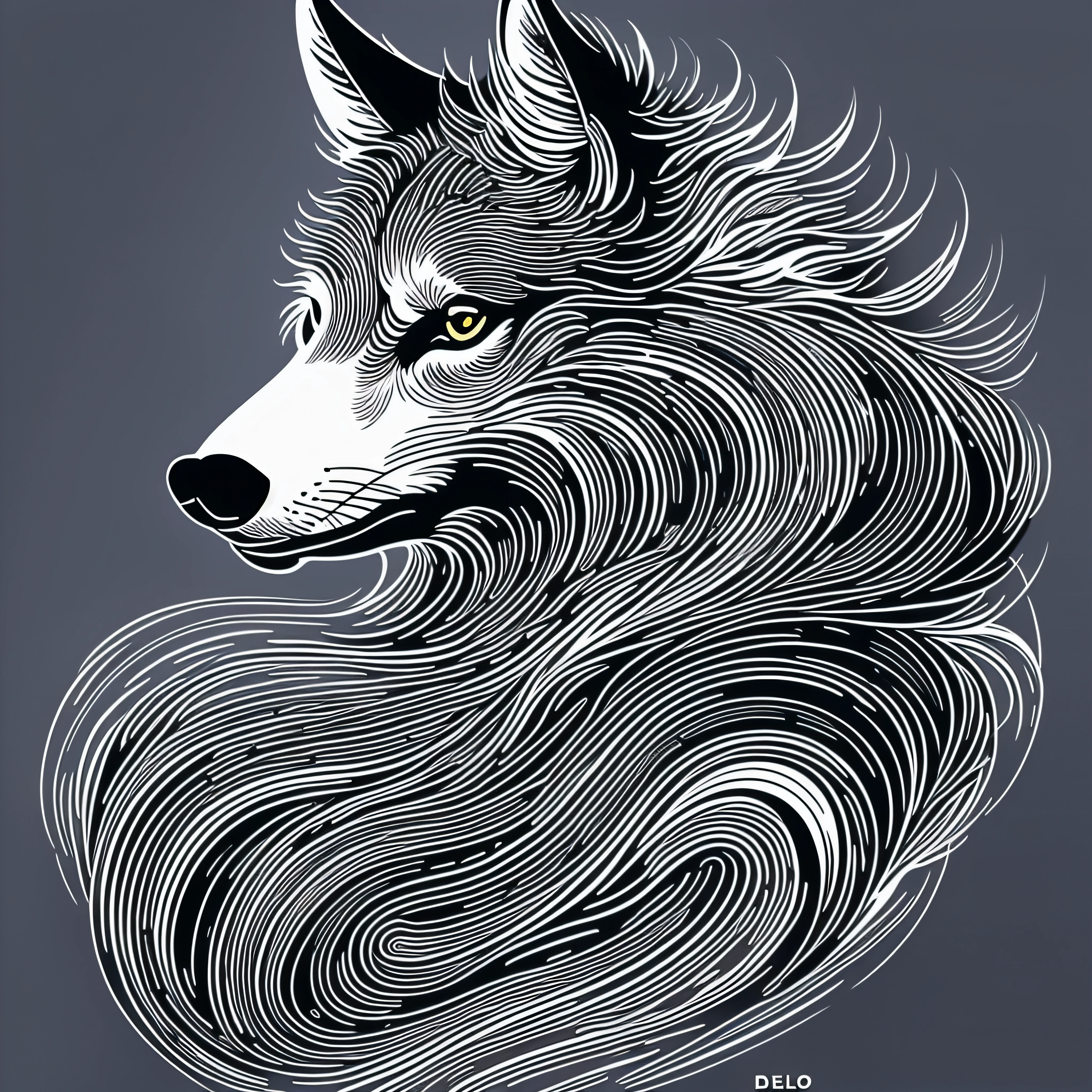 T-shirt logo, illustration of a wolf, using only black lines. Delimit the shapes and characteristics of the animal with carefully drawn lines, creating an elegant and stylized look. subtle details, finer and more precise lines. transparent background