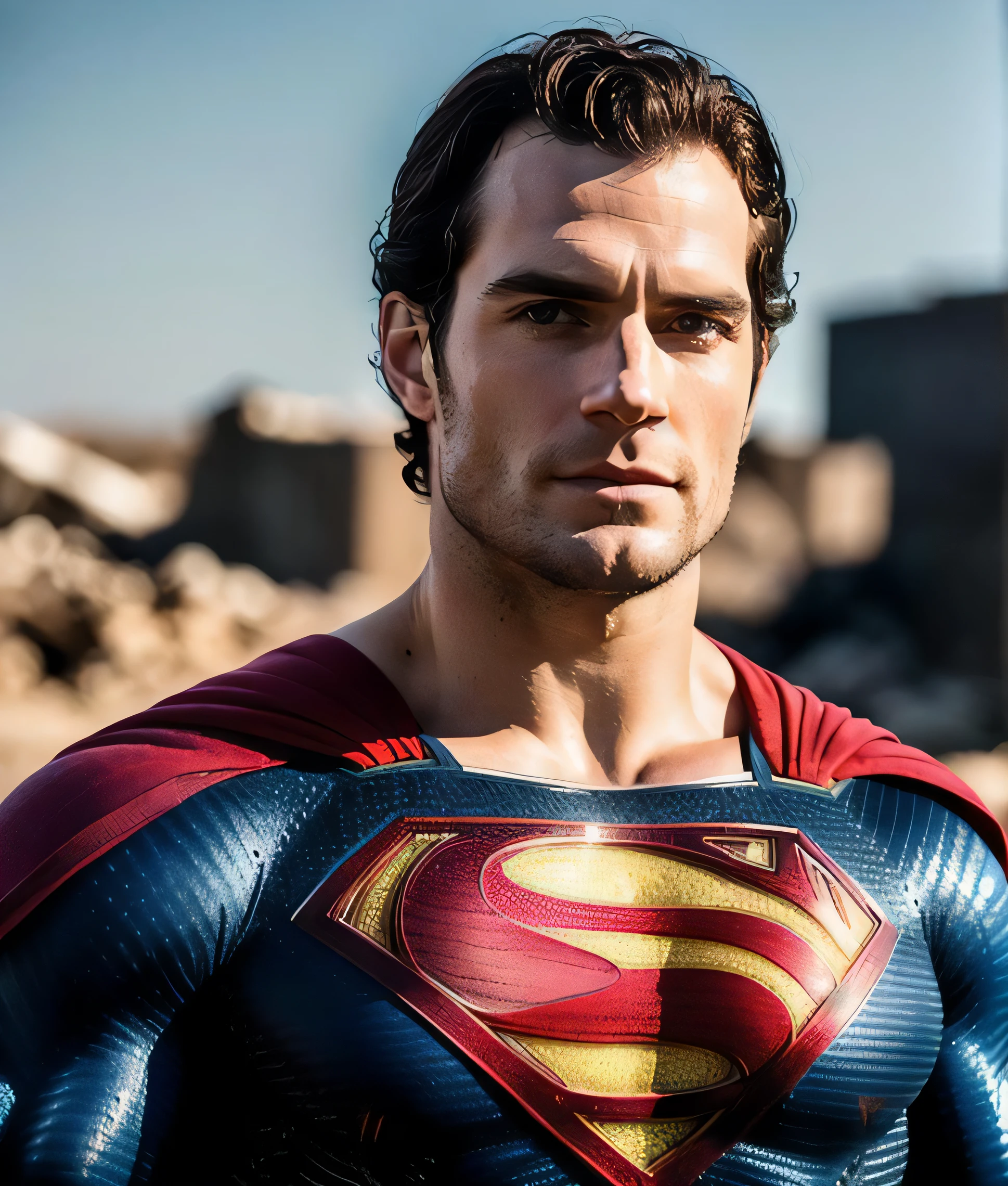 Photo of Henry cavill is superman , superhero, upper body,cinematic, movie, grain movie (2023s)1boy, building destroyed , realistic , (8k, RAW photo, best quality, masterpiece:1.2), (realistic, photo-realistic:1.33), best quality, detailed eyes blue, cute,natural lighting, depth of field, film grain, wrinkled skin, sharp