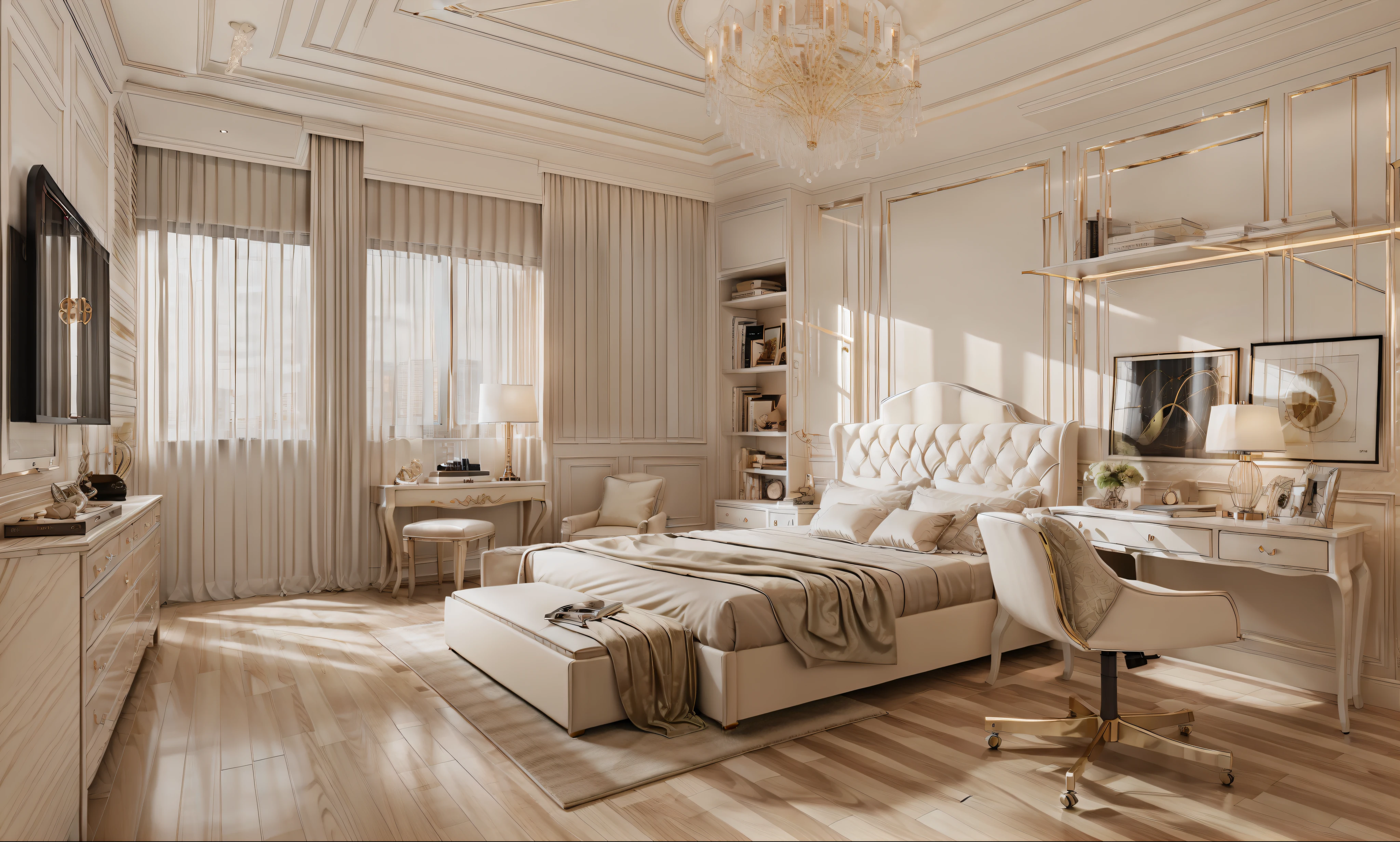 best quality, master picece, hyper detail, supper detail, best realistic, (classical bedroom, beautiful lighting, shimmering)|[dreamy:1.2+airy:0.9] --auto