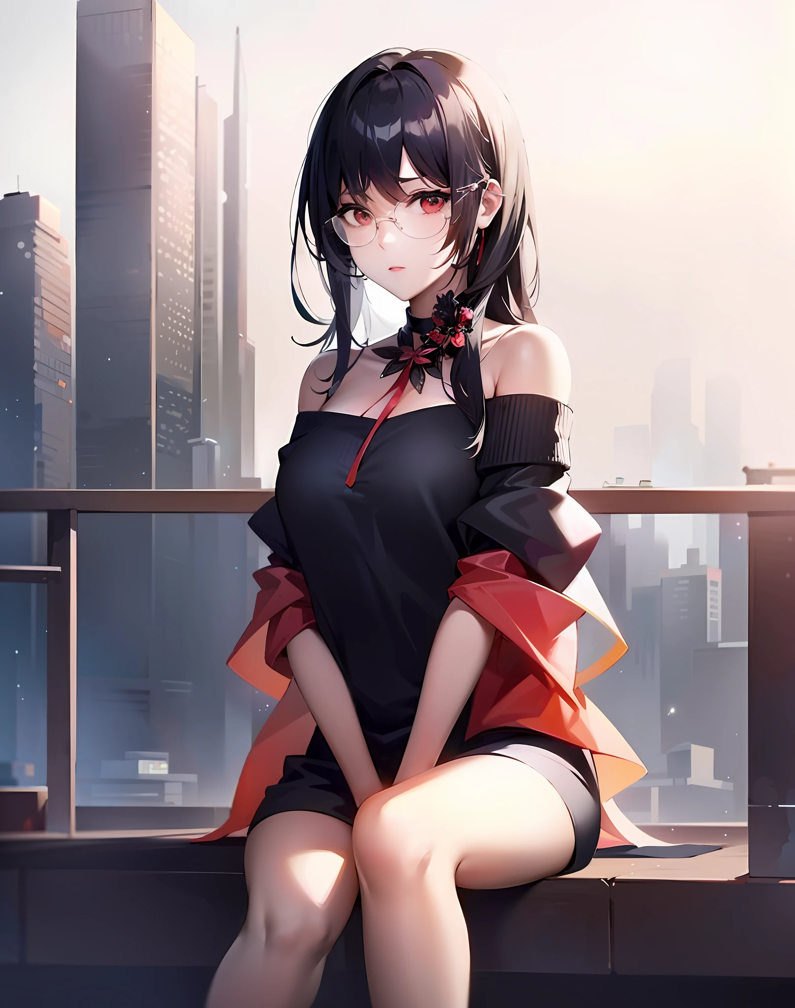 Anime-Mädchen sitzt auf der Fensterbank，Der Hintergrund ist eine Stadt, verführerische Anime-Mädchen, Stil von Anime4 K, attraktive Anime-Mädchen, Sanfte Anime-CG-Kunst, Anime-Moe-Kunststil, Anime-Mädchen im schwarzen Kleid, Badass-Anime 8 K, schönes Anime-Mädchen, bestes Anime 4k Konachan-Hintergrundbild, 4K-Anime-Hintergrundbild, Guviz-Stil Kunstwerk