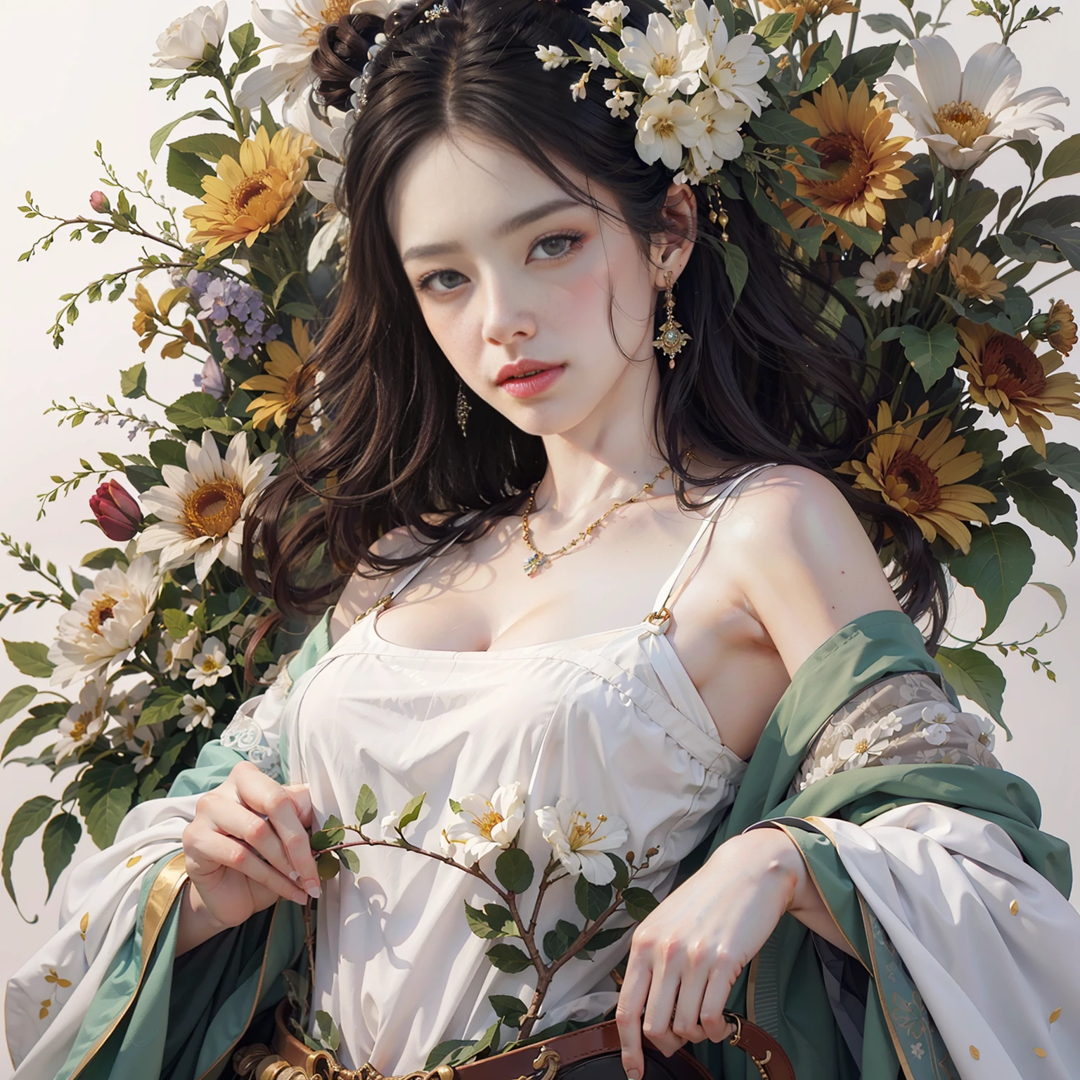 masterpiece,best quality,ultra-detailed,realistic,extremely detailed CG unity 8K wallpaper,upper body,fantacy,1 girl,flower open dress,Flowers grow on the body,(white background:1.5),Close - up shots，Aesthetic style