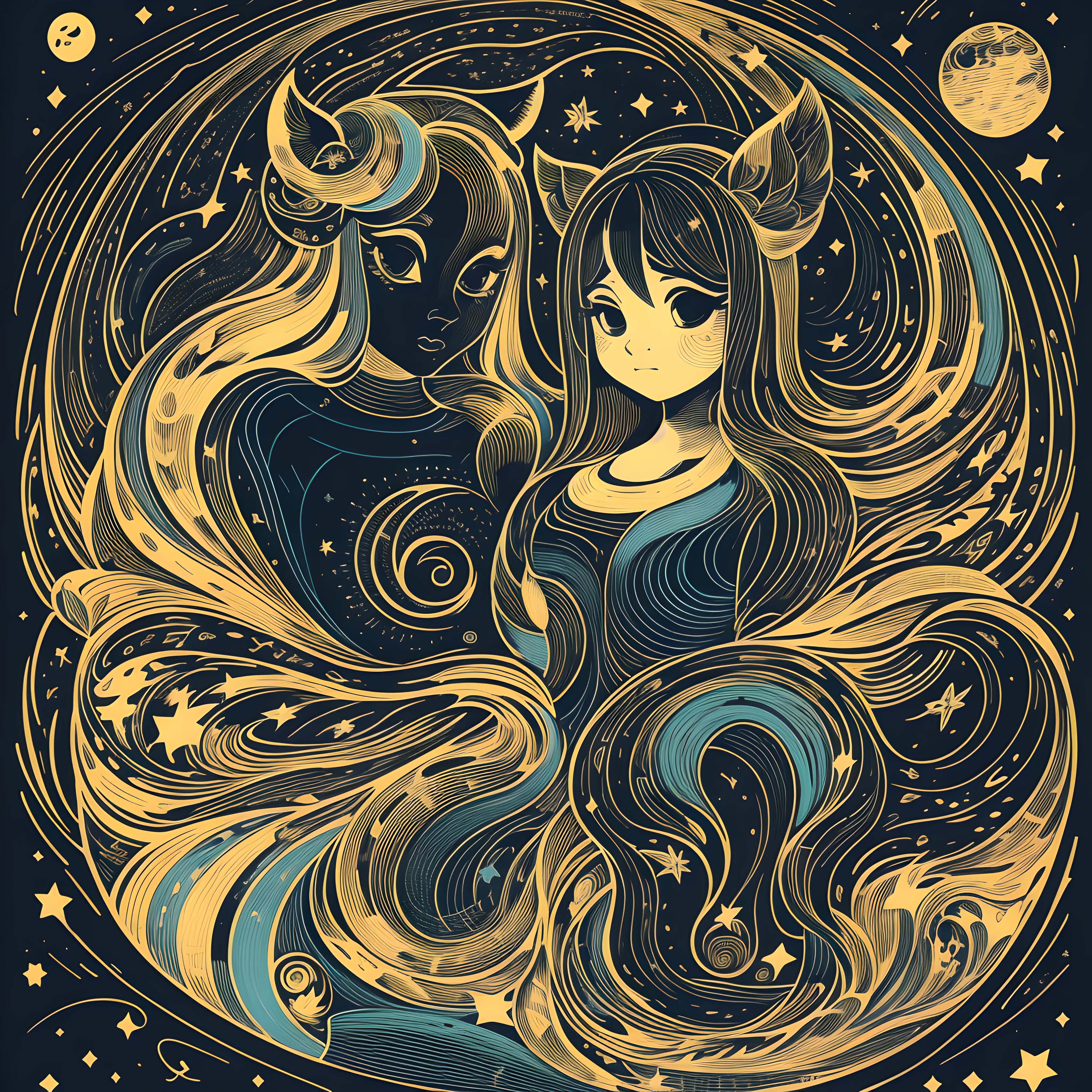 T-shirt logo, round shape,illustration of 2 fairies sitting on the moon, stars surrounding her,using only black lines. Delimit the shapes and characteristics of the animal with carefully drawn lines, creating an elegant and stylized look. subtle details, finer and more precise lines. transparent background